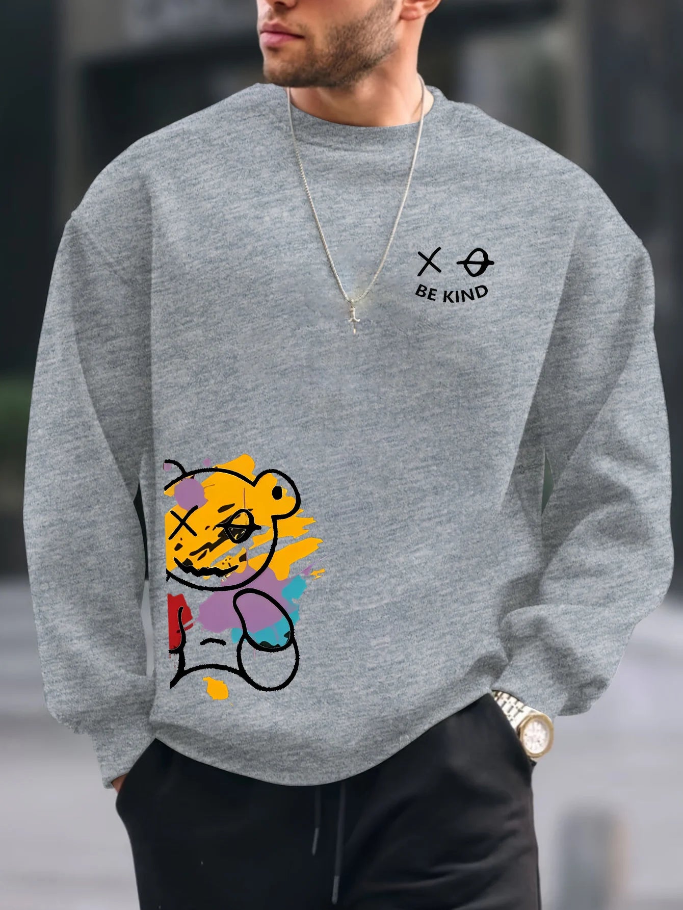 Men's autumn and winter fashionable casual loose BE KING bear cartoon printed fleece pullover round neck long sleeved sweatshirt