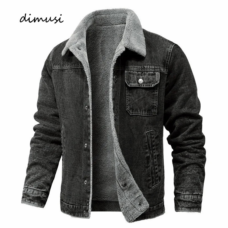 DIMUSI Men's Winter Jacket Fashion Men's Lapel Sherpa Fleece Lined Thicken Denim Jean Trucker Jacke Men Jeans Coats Clothing 5XL