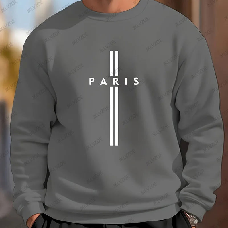 Paris Letter Printed Men's Round Neck Long Sleeved Sweatshirt Outdoor Sports Fashion Hoodless Sweatshirt Casual Oversized Hoodie