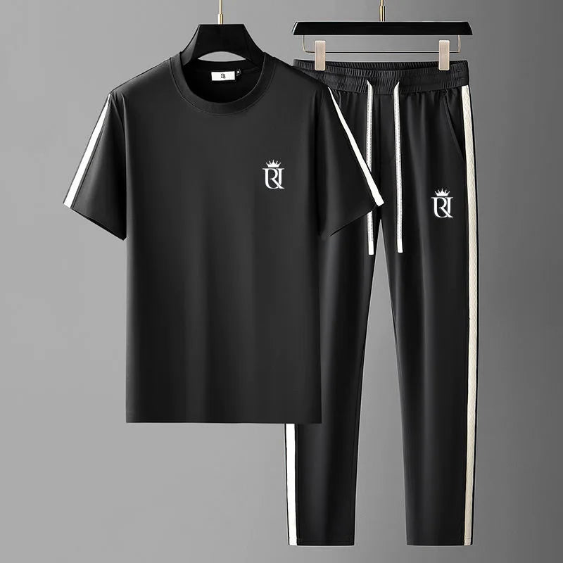 2024 Summer New Fashion Trend Ice Silk Sports Suit Men's Casual Relaxed Comfortable Breathable Large Size Two-Piece Set L-4XL