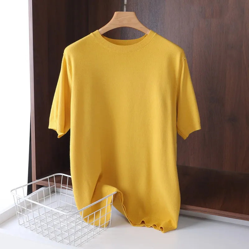 Superfine Merino Cashmere T Shirt Men's Knitted O-neck Breathable Thin Cashmer Short Sleeve Tee Solid Color Tops Tee