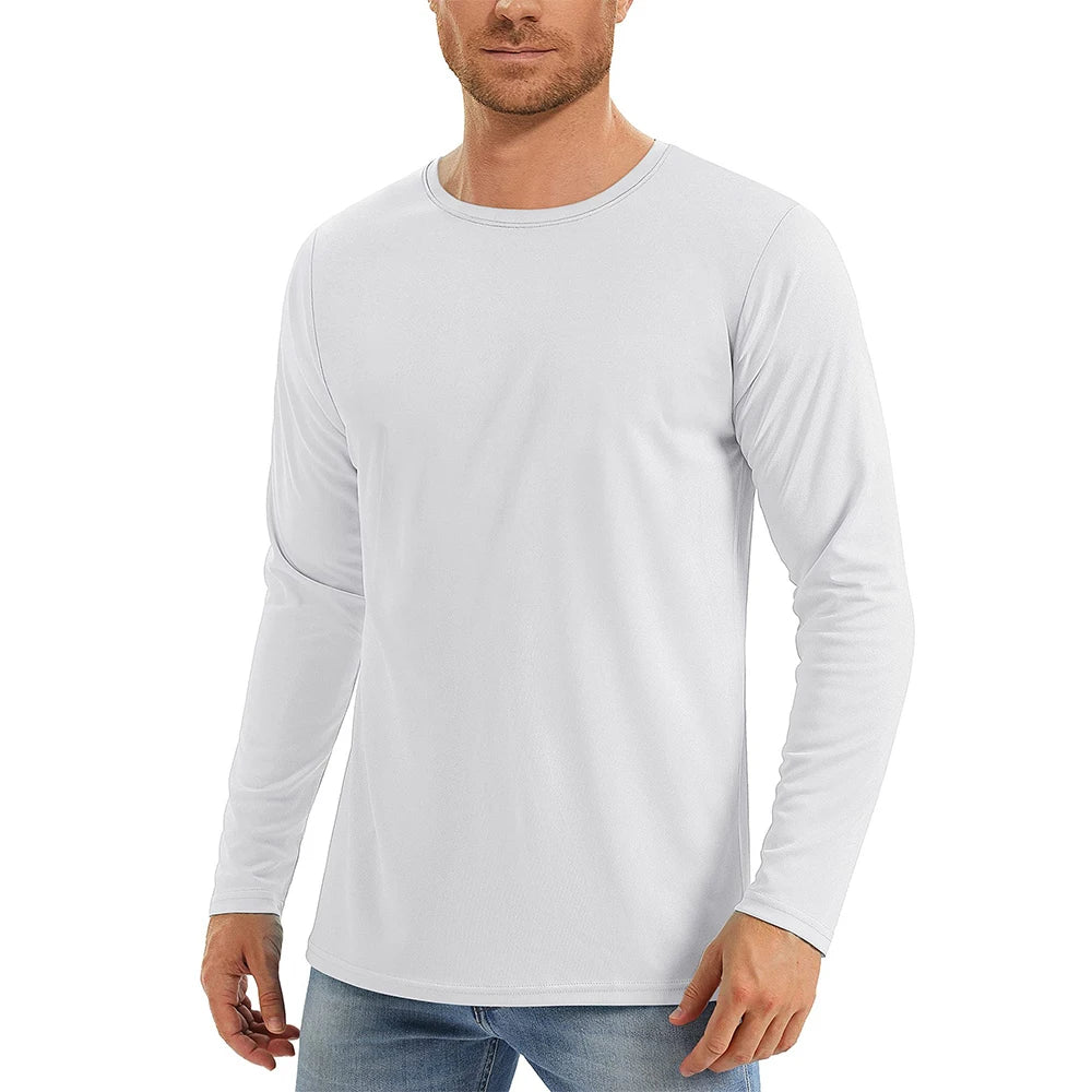 UPF50+ Men's Sunscreen UV Protection T-shirt Solid Color Long-sleeved Round Neck Outdoor Hiking Fishing Quick-drying Tops