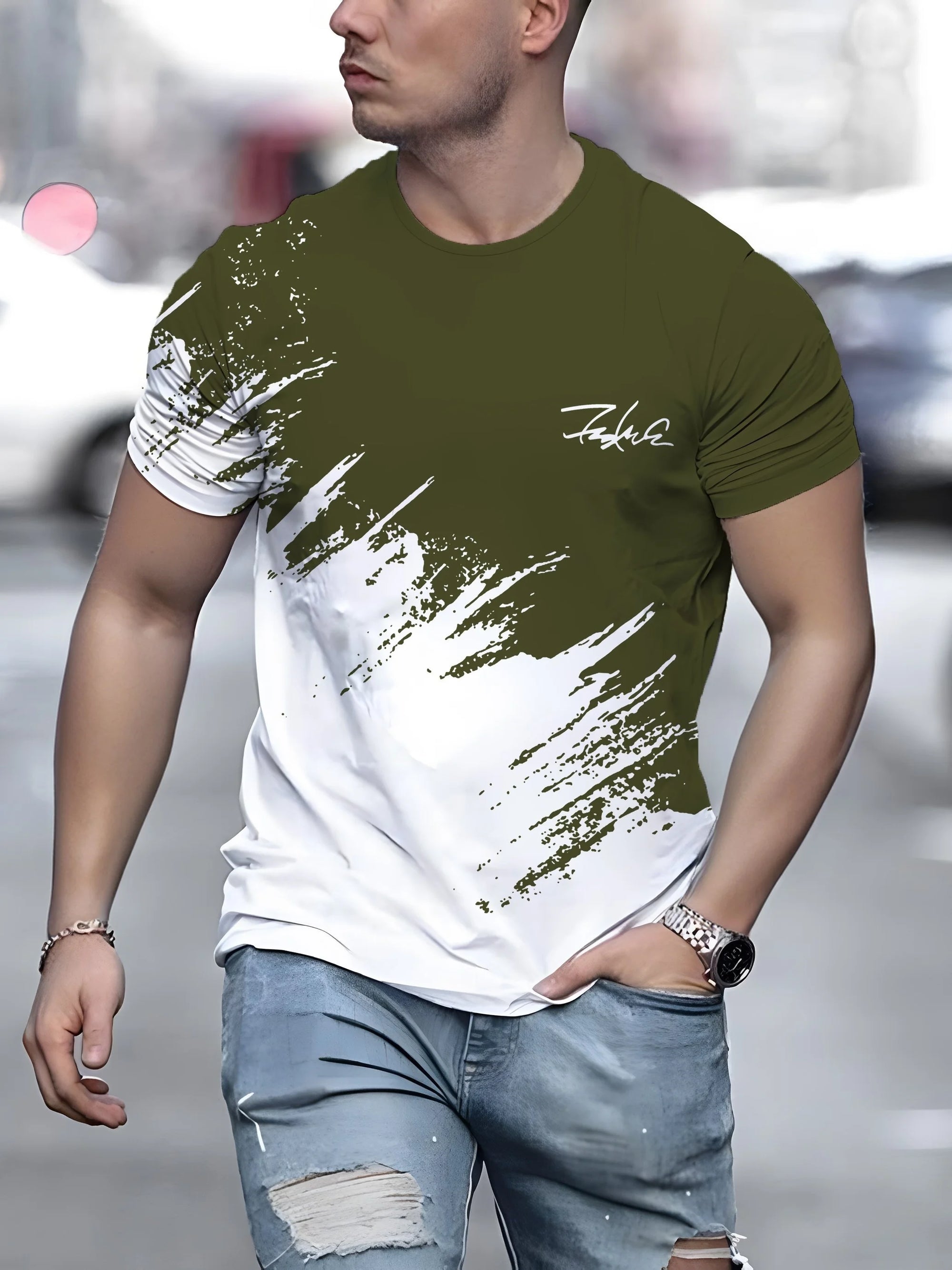 Casual Men's T-Shirt Gradient Printed Short Sleeve T-Shirt For Men 3d Text Pattern Tees Top Fashion Street Design Men's Clothing