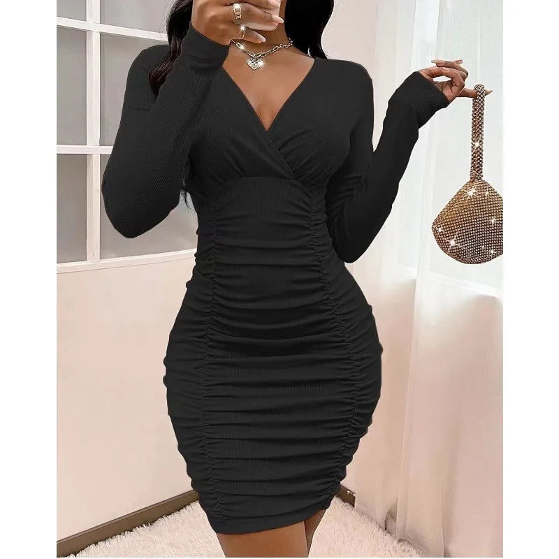 Autumn Sexy Women Corset Party Dress Elegant Y2K Fashion Long Sleeve V Neck Slim Fit Evening Graduation Bodycon Dress Streetwear