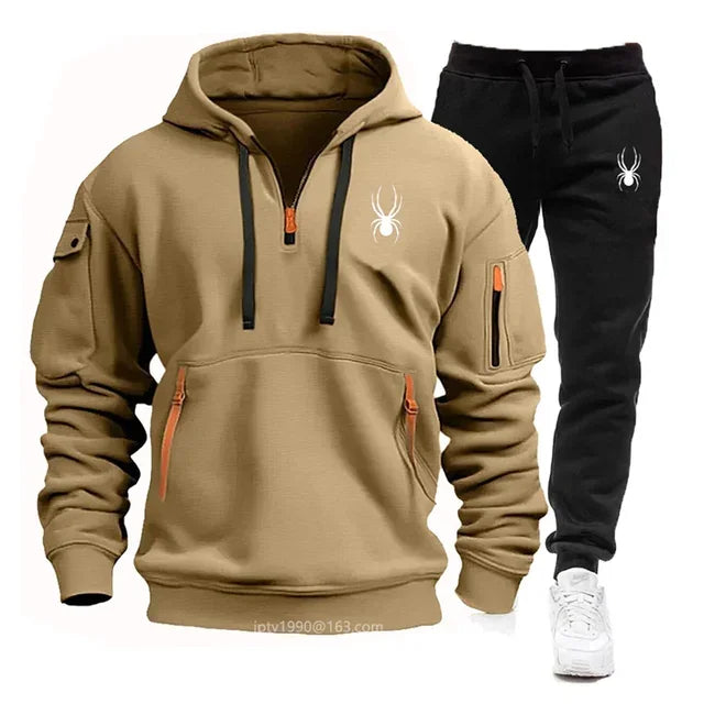 men's multi-pocket zipper hoodie + sweatpants two-piece jogging leisure fitness sports clothing set