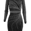 Sheer Mesh Rhinestone O-Neck Long Sleeve Skinny Party Dress