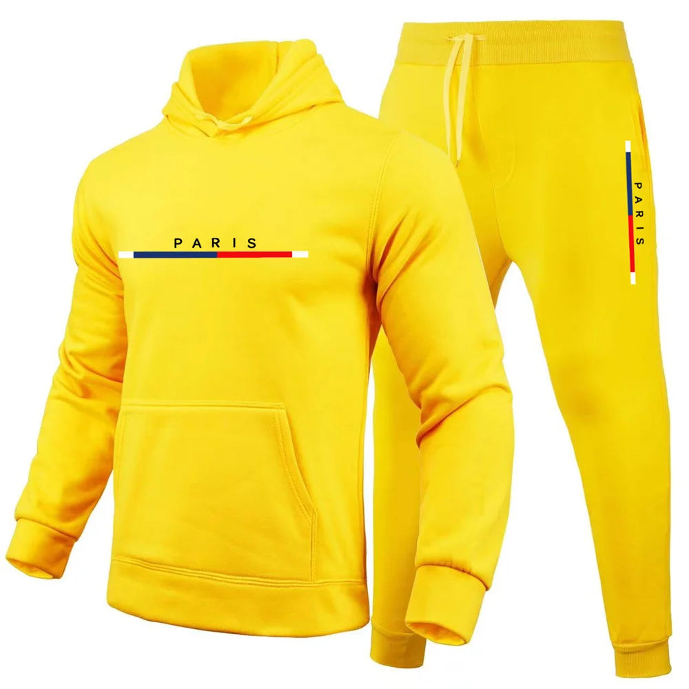 Paris Print, Men's 2Pcs Outfits, Casual Hoodies Long Sleeve Pullover Hooded Sweatshirt And Sweatpants Joggers Set For Spring Fal