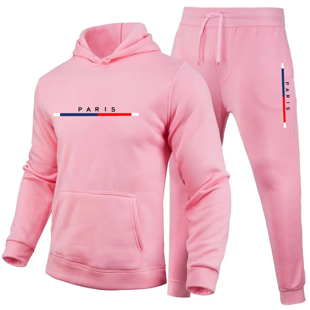 Paris Print, Men's 2Pcs Outfits, Casual Hoodies Long Sleeve Pullover Hooded Sweatshirt And Sweatpants Joggers Set For Spring Fal