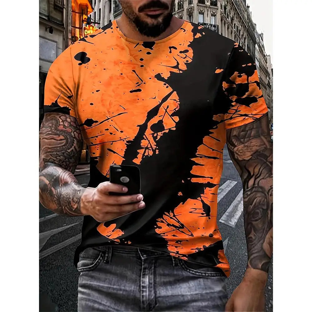 Vintage T Shirt For Men Color Block Splash Ink Graphic3D Print Tee Short Sleeve T-Shirts Oversized Men Clothing Outdoor Tops New