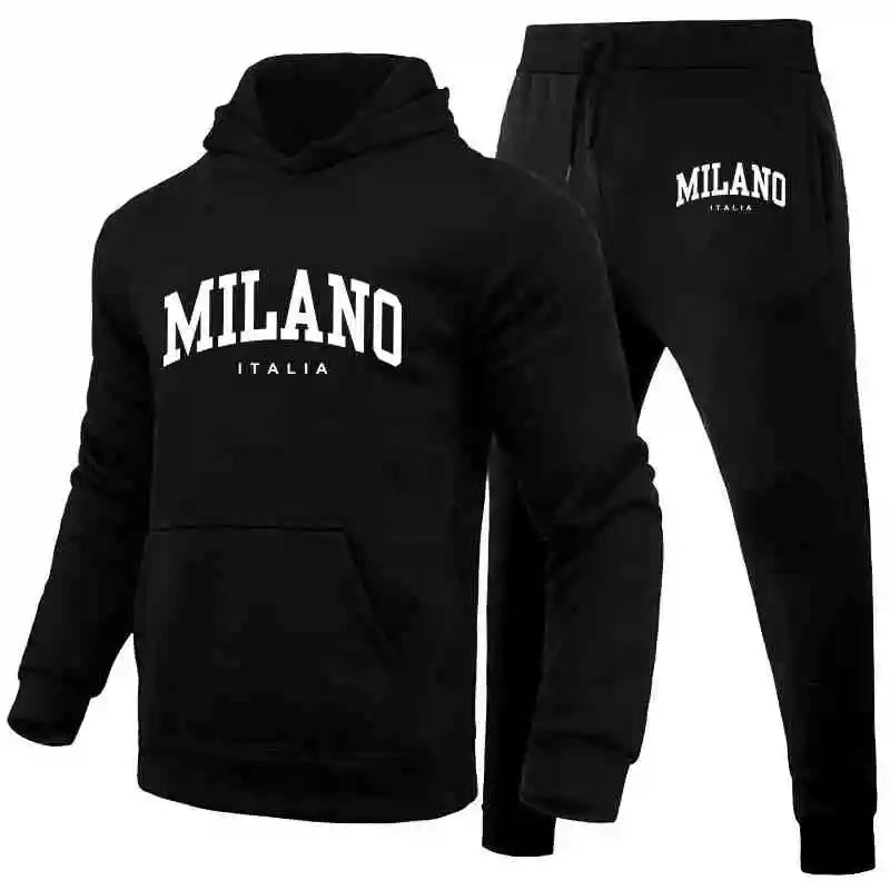 Men's Sports Hoodie Set Luxury Milan Print Sweatshirt Sweatpants Hooded Top Jogger Pants Casual Streetwear Sportswear