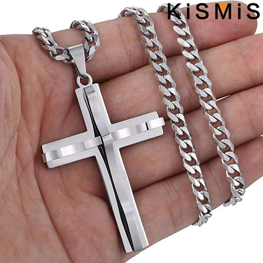 KISMIS 1PC Stainless Steel Cross Necklace Pendant Jewelry Catholic and Christian Jesus Amulet