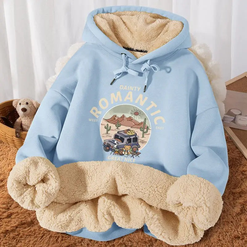 Plus-velvet Hoodies Women Winter Thicken Warm Loose All-match Leisure College Ulzzang Design Printed Fashion Drawstring Hip Hop