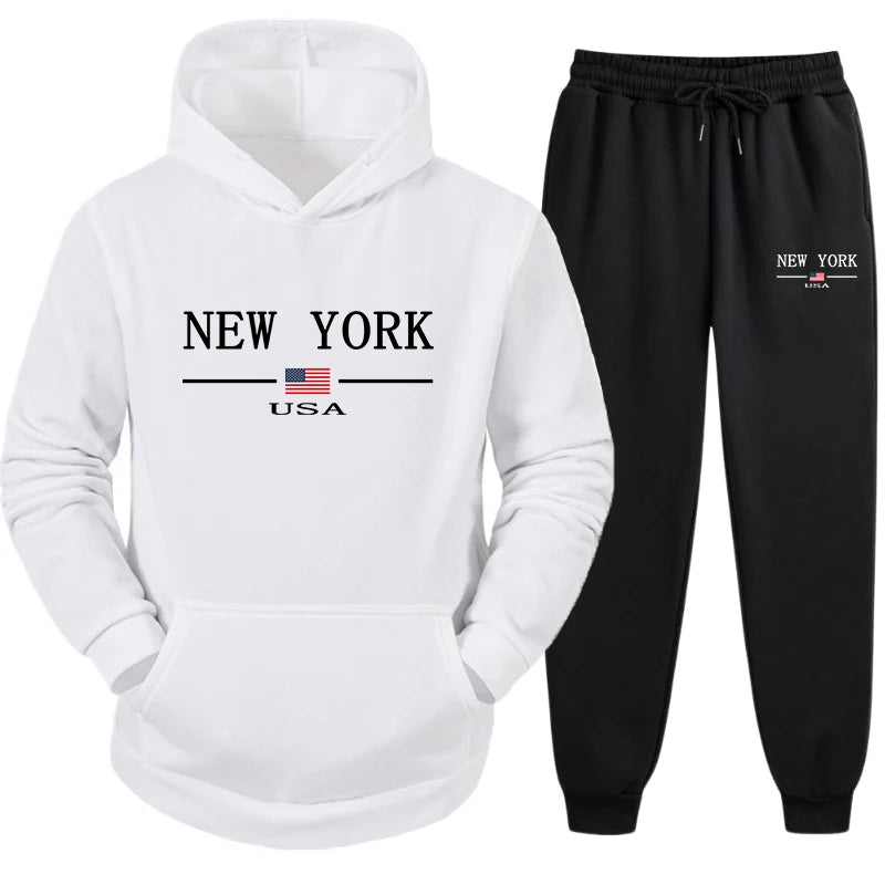 New Trend Mens Hooded Sweatshirts and Jogger Pants New York Printed Male Sportwear Classic Male Daily Casual Hoodies 2pcs Set