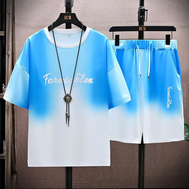 Summer New Fashion Printed Ice Silk Plus-Size Men's Casual Relaxed Comfortable Breathable High-Quality Two-Piece Set M-4XL