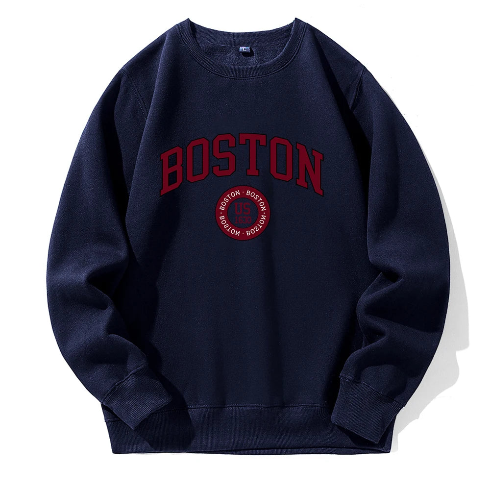 Boston City Us Founded In 1630 Men Hoody Warm Fleece Crew Neck Tracksuit Fashion Classic New Hoodie Sports Street Loose Hoodies