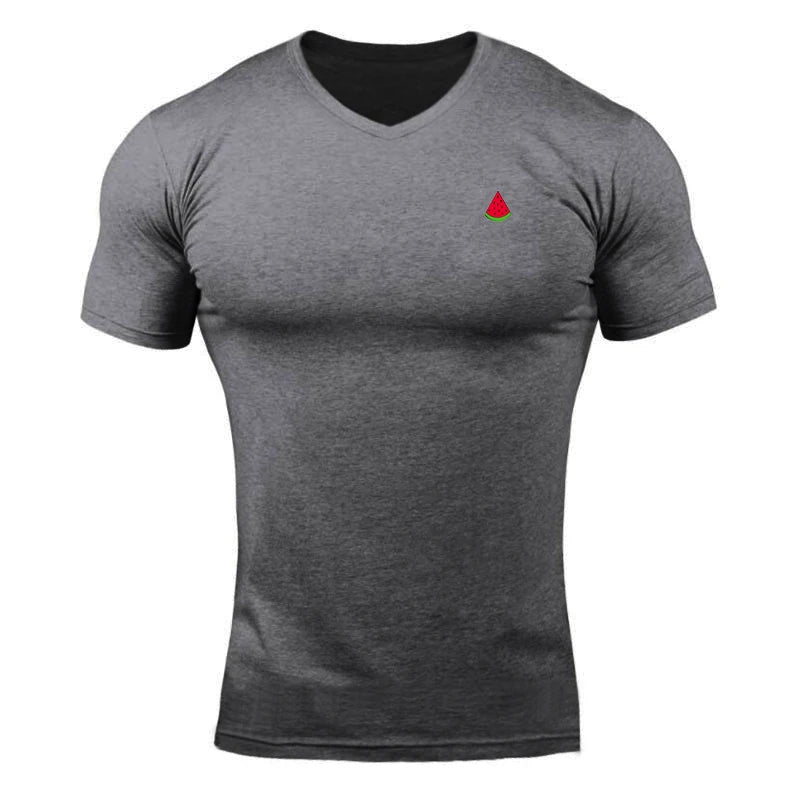 Sumemr Moisture Wicking Short Sleeve Cotton T-Shirt Men's V-Neck Slim Fit Shirt Fitness Bodybuilding Workout Tees Gym Clothing