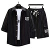 Summer Fashion Striped Plus-Size Short-Sleeved Shirt Set Men's Casual Relaxed Breathable High-Quality Two-Piece Set M-8XL