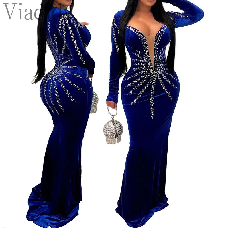 Women Sexy Velvet Mesh Rhinestone V-Neck Floor-Length Evening Party Dress Long Sleeve Back Zipper Mermaid Dresses