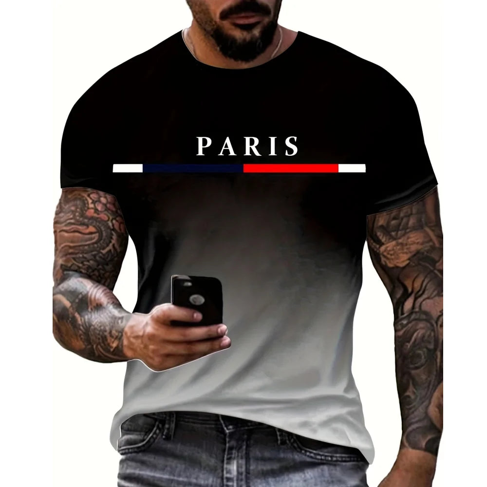 Fashion T-shirt For Men Gradient Color Paris Graphic 3D Printed T-shirts Casual Short sleeved Tees Oversized Men's Clothing Tops