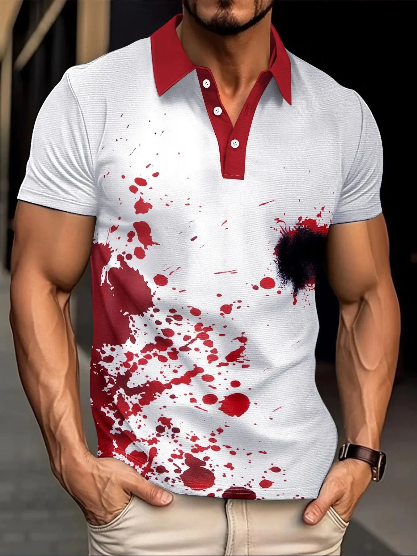 Short-sleeved Polo Shirt Painted Print Casual T-shirt Lapel button fashion Top Top men's Clothing