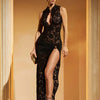 Fantoye Sexy Hollow Out High Slit Lace Women Maxi Dress Black See Through Evening Dress Female Autumn New Elegant Party Clubwear