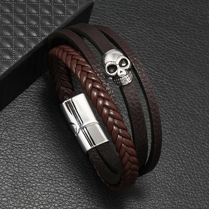 Fashion Trendy Men Leather Bracelets Fashion All-match Multi-layer Braided Leather Bracelets Scripture Compass Devil Eye