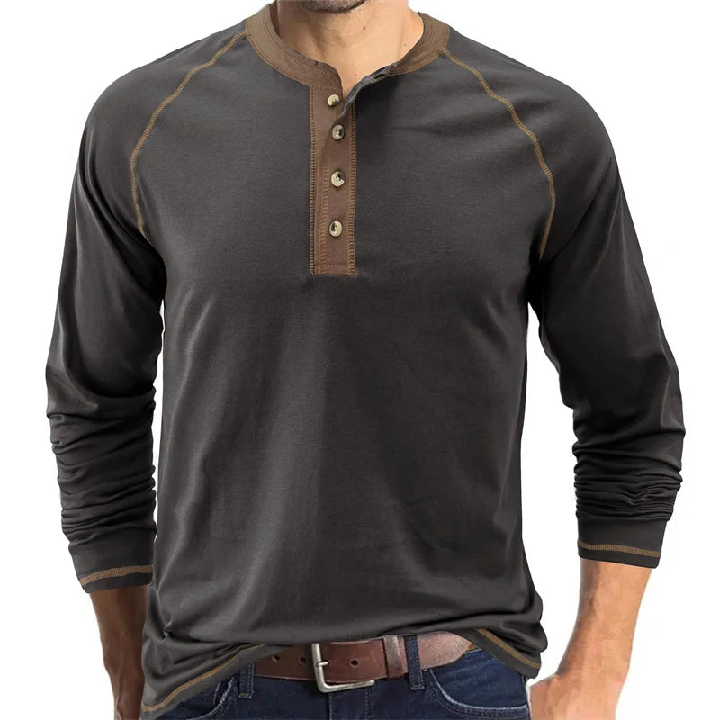 Men's Henley Collar Long Sleeved T-shirts Solid Casual Top Single Breasted Pocket TShirt Soft Comfy Bottoming Shirt for Autumn