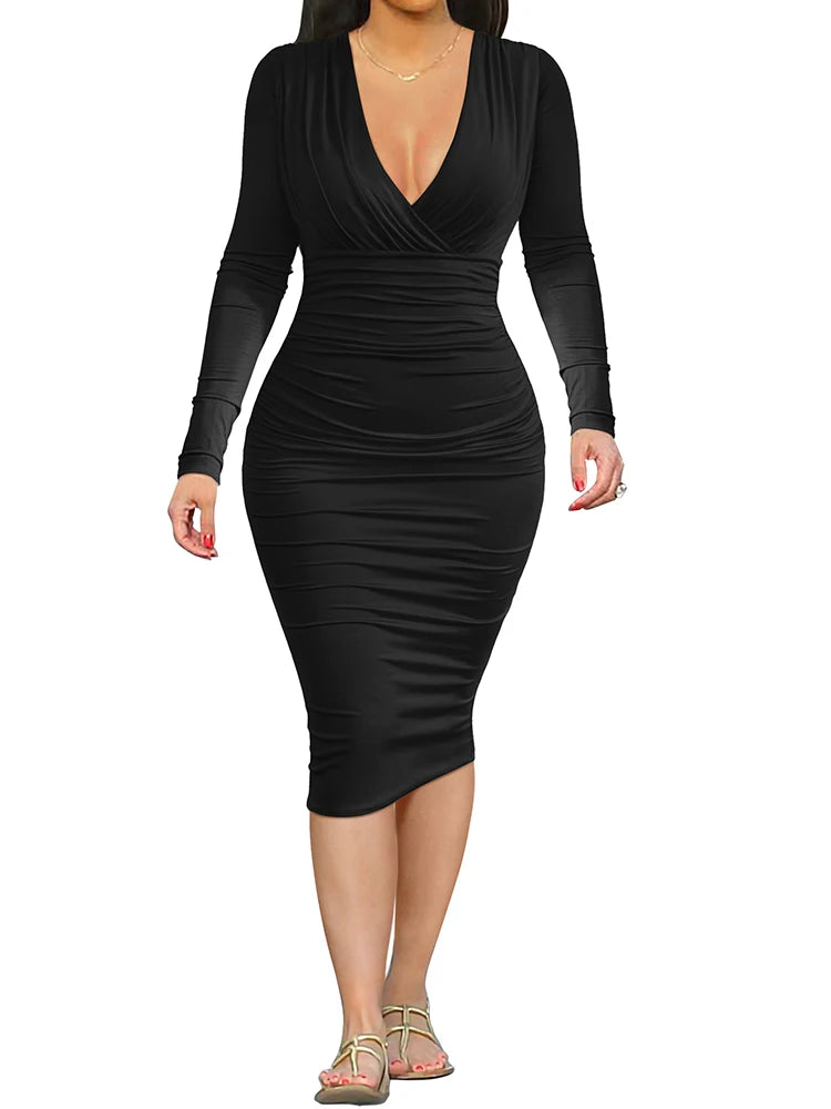 Luxury Sexy Deep V Neck High Waist Women Dress Slim Fit Stretch Casual Party Gown Long Sleeve High Quality Wrap Hip Dress Y2K