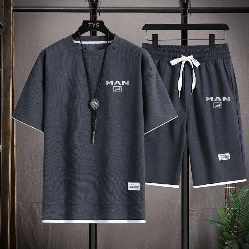 Mens Tracksuit T-shirt and Shorts Two Piece Set Truck Man Car Logo Men Sports Suit Fashion Breathable Sets