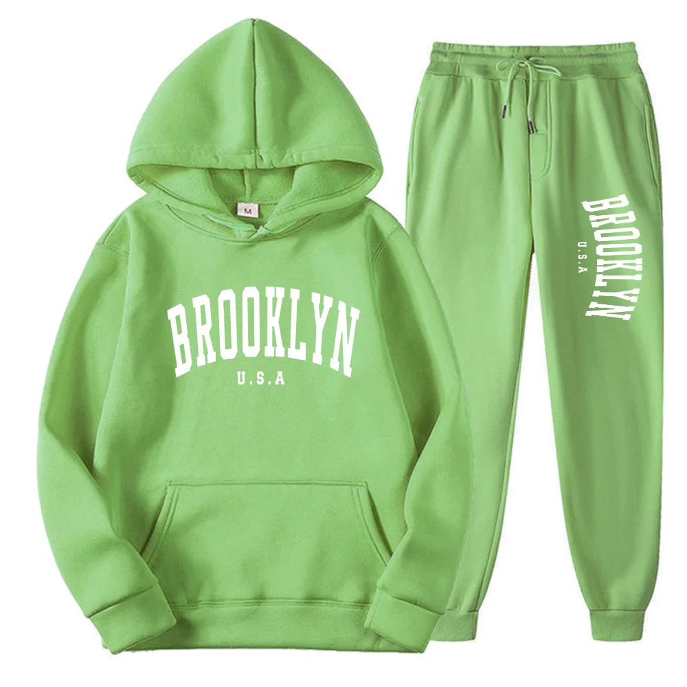 BROOKLYN USA Autumn Winter Popular Mens Tracksuit Zipper Hooded Sweatshirt Suit Casual Warm Jacket Coat+Jogging Sweatpants