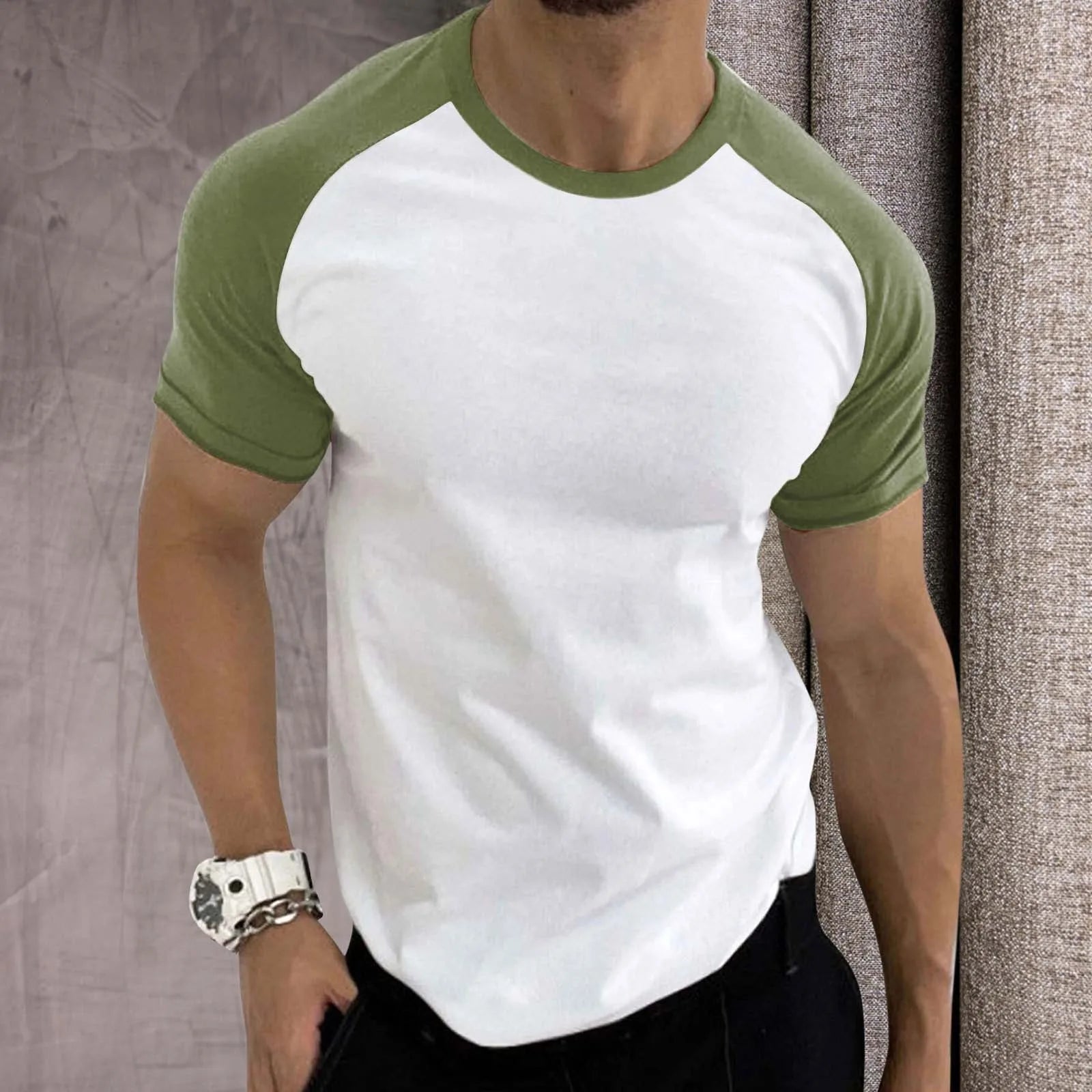 Mens Sports T-Shirts Trendy Color Contrast Raglan Sleeves Tees Round Neck Short Sleeve T-Shirt Casual Retro Comfort Sportswear