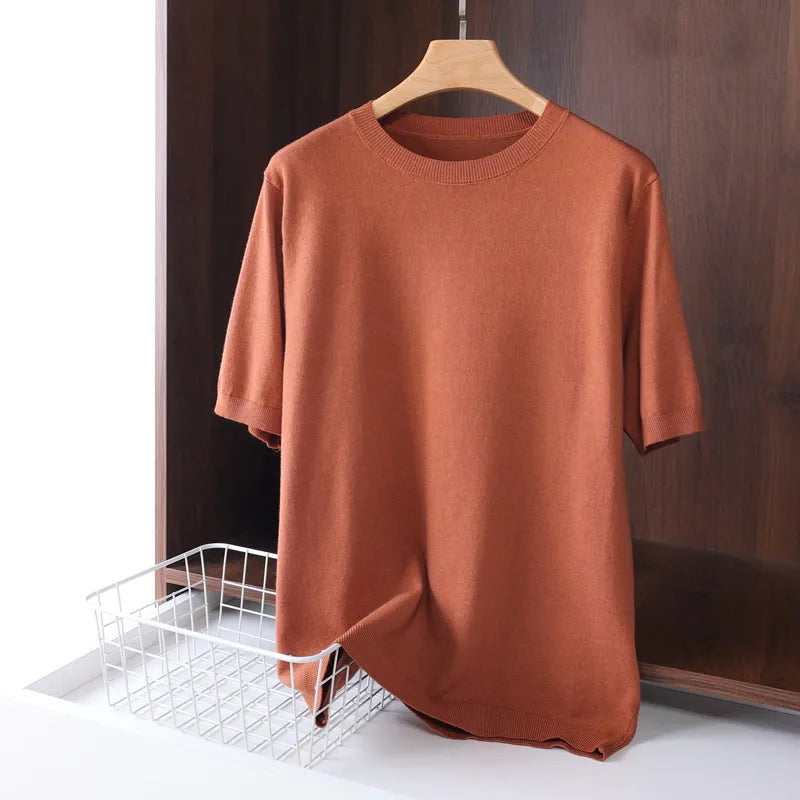 Superfine Merino Cashmere T Shirt Men's Knitted O-neck Breathable Thin Cashmer Short Sleeve Tee Solid Color Tops Tee