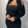 Solid Slim Lace Trim Off Shoulder Long Sleeve Black Short Dress Women Elegant Sexy Party Dresses