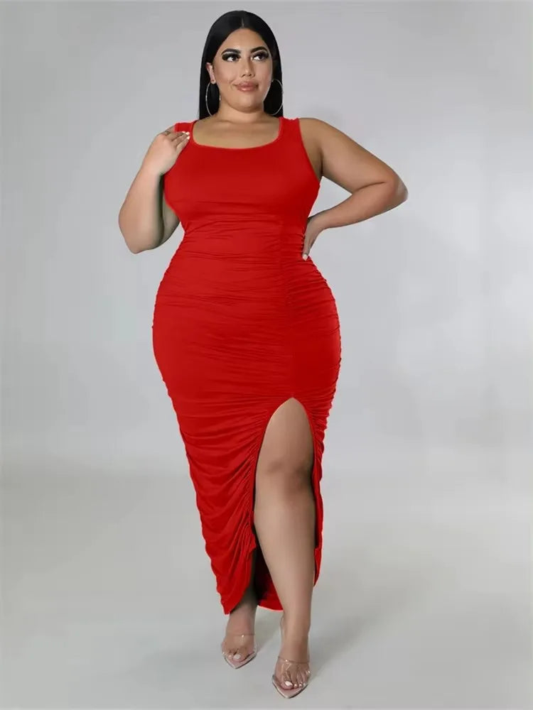 Wmstar Plus Size Dresses for Women Clothing Solid Bodycon Stretch Draped Maxi Dress Slip Outfits Wholesale Dropshipping