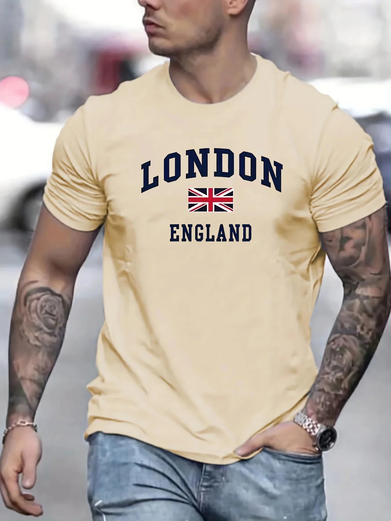 Summer men's 100% pure cotton casual loose fit plus size London England pattern printed round neck short sleeved T-shirt top