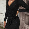 Sexy Luxury Evening Dress Urban Black V-Neck Long Sleeved Shiny Ruffled Bodycon Dress Spicy Girl Tight Fitting Midi Dresses