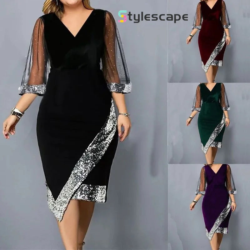 Large Size New Gold Velvet Irregular Sequin Perspective Mesh Sexy Fashion Slimming Women's Dress Evening Dress