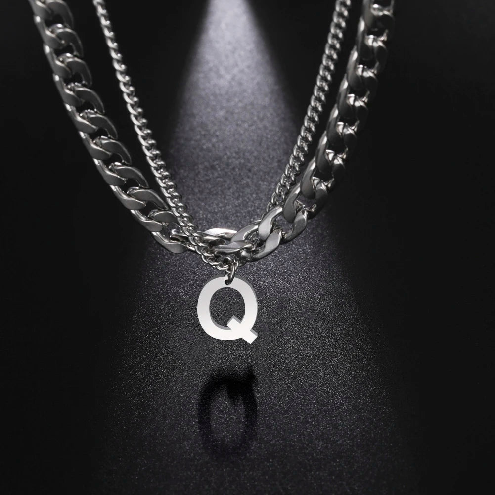 Stainless Steel Double Layer Necklaces for Men Women Simple 26 Letter Pendant Necklace Fashion Women's Jewelry for Party Gift