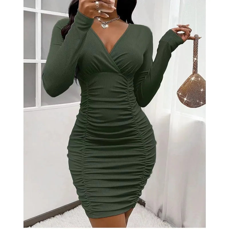 Autumn Sexy Women Corset Party Dress Elegant Y2K Fashion Long Sleeve V Neck Slim Fit Evening Graduation Bodycon Dress Streetwear