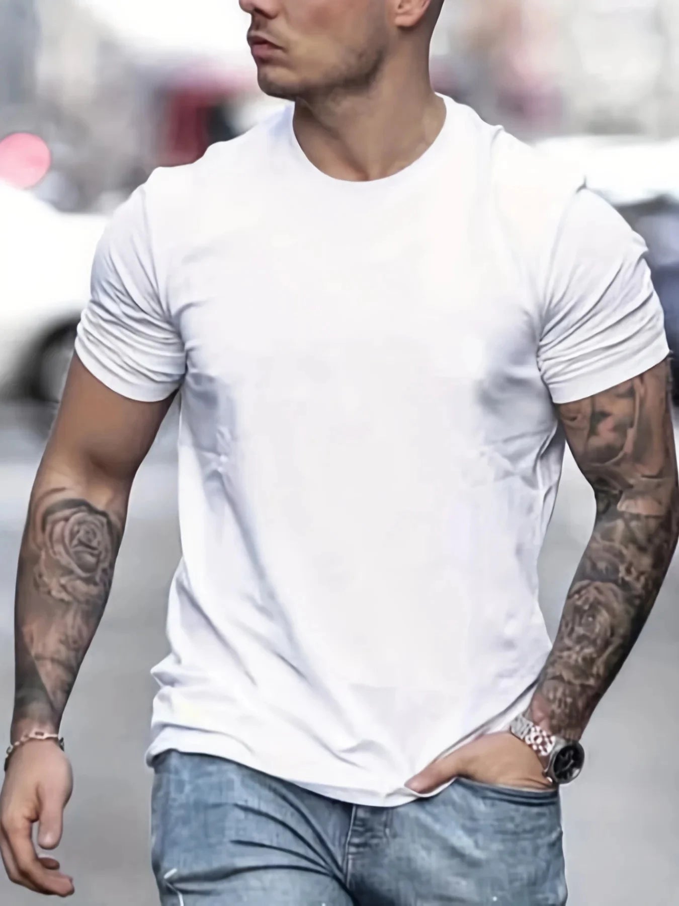 Men's 100% pure cotton summer loose fitting oversized Paris print casual slim fit round neck short sleeved T-shirt top