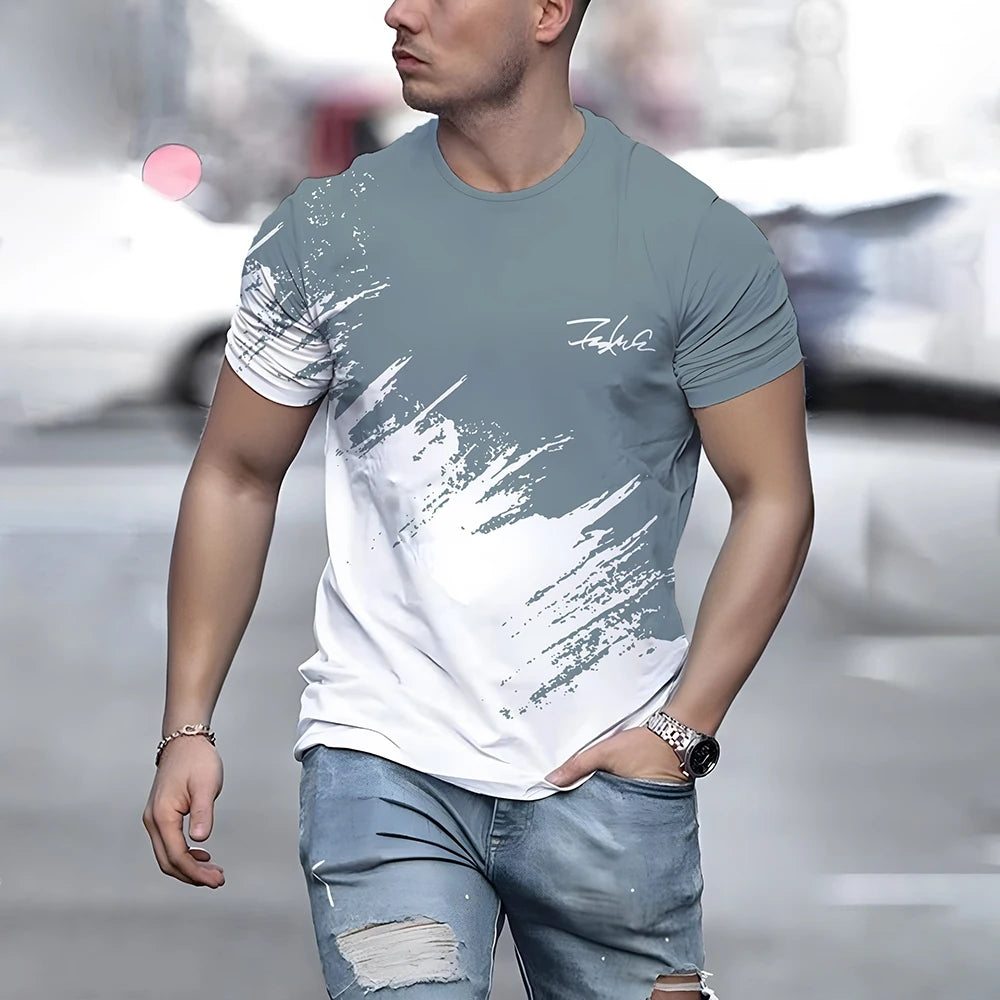 Summer Men's T Shirt Casual Round Neck Loose Tops Fashion Color Contrast Print T Shirt For Men Funny 3D Tee Street Trend Clothes