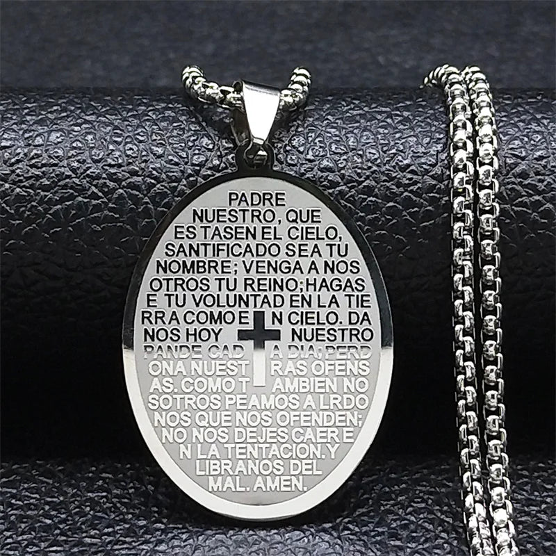 Bible Verse Cross Chain Necklace for Women Men Stainless Steel Spanish Our Father Medal Lord's Prayer Jewelry collier N2037