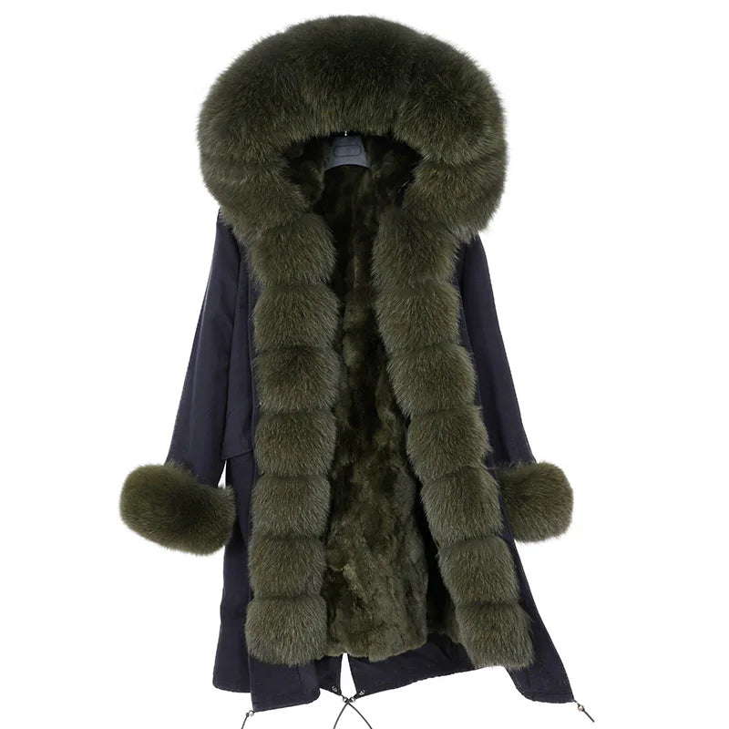 MAOMAOKONG NEW Women's winter coats fur coat Natural real raccoon fur collar jackets Rabbit lining parka Female X-Long