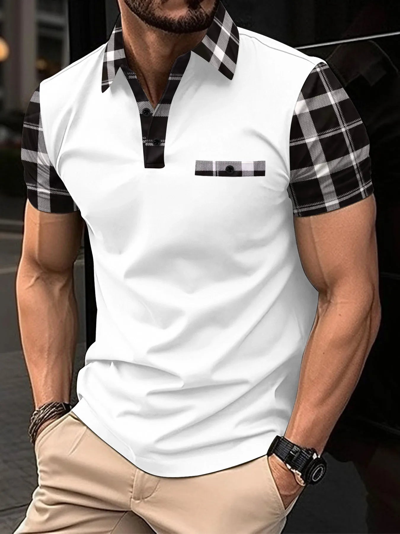 Men's short-sleeved polo shirtl T-shirt men's sports casual loose fashion men's striped white top