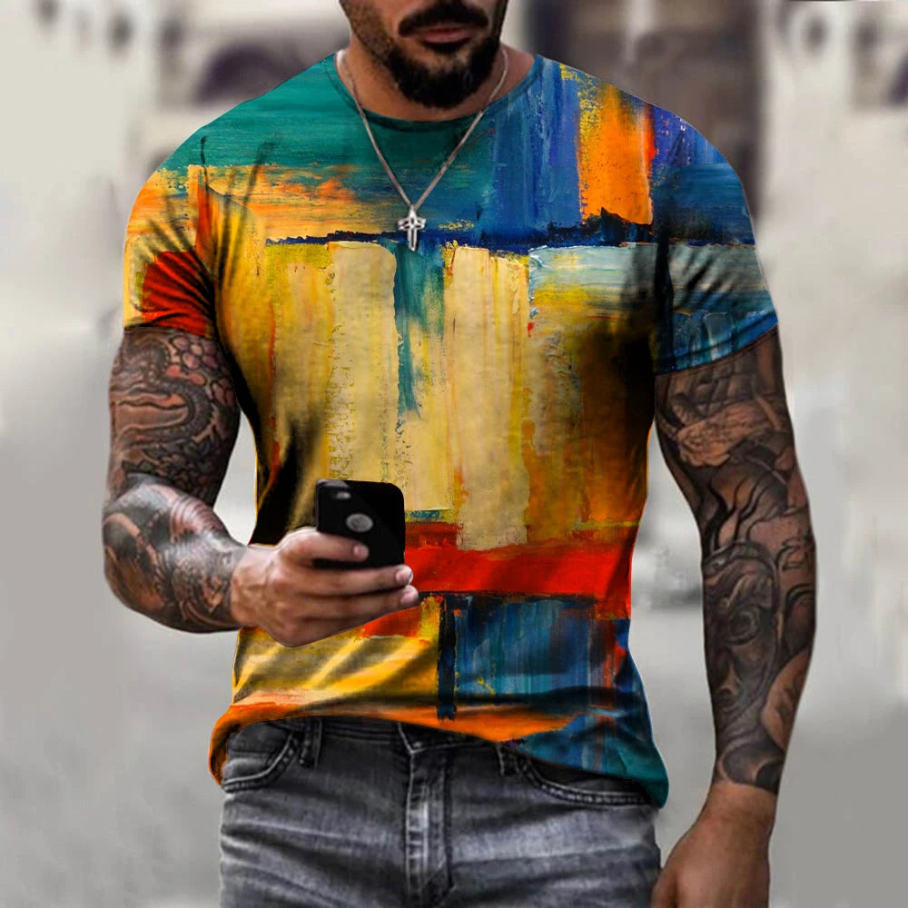 Vintage Men's T Shirts Personality Color Stripe Printed Fashion  O-Neck Short Sleeve Oversized t shirt  Breathable Streetwear