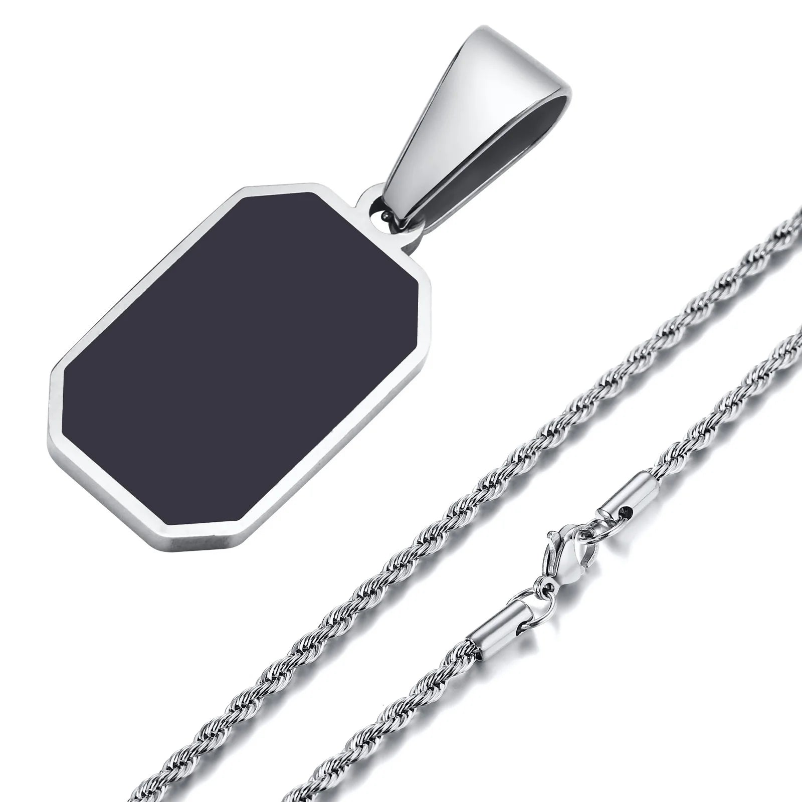 Stylish Mens Geometric Square Necklaces,Black Enamel Rectangle Pendant with Rope Box Chain Collar,Trendy Jewelry Gifts