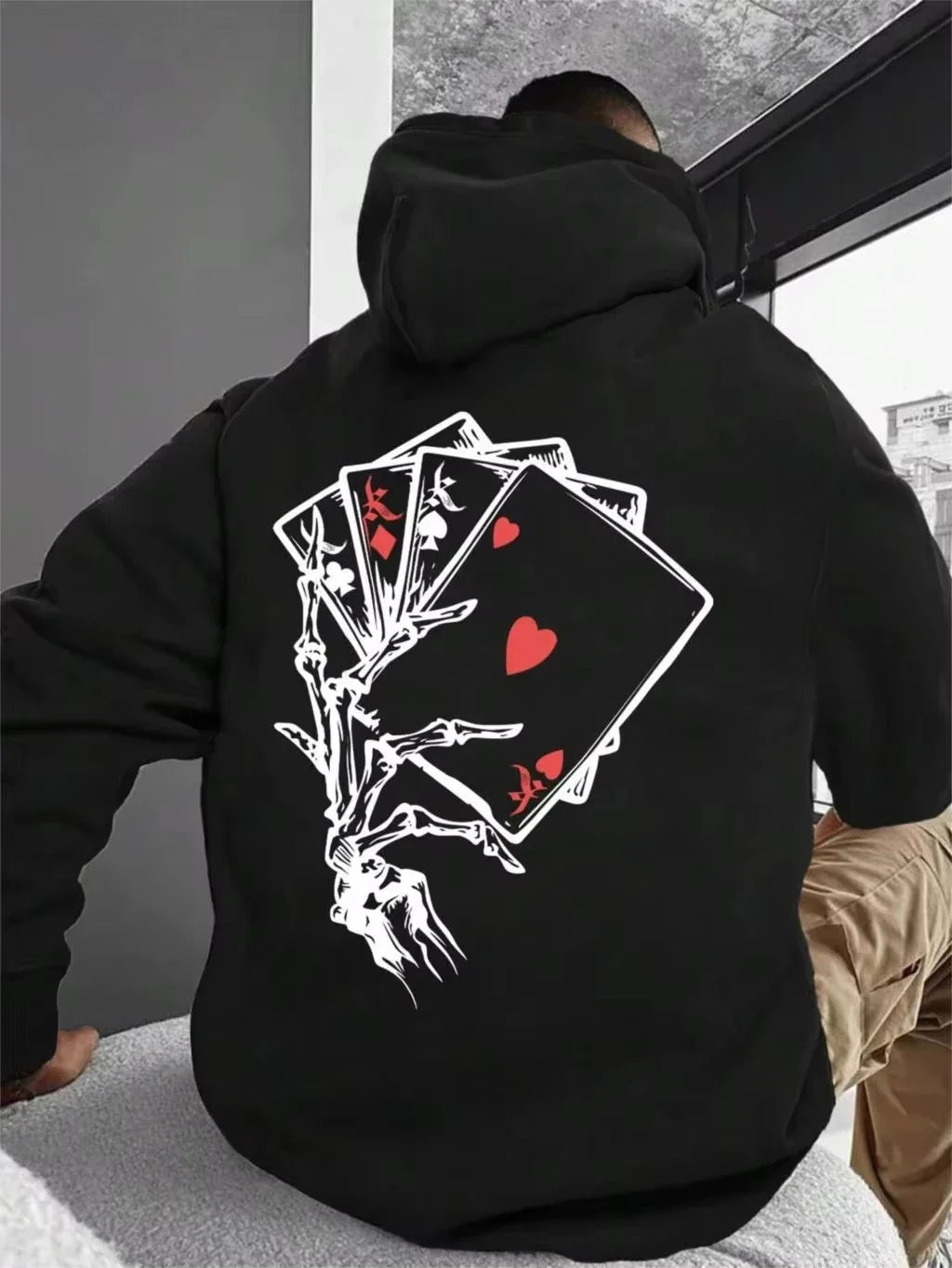 Printed poker hoodie for men kangaroo pocket pull rope pullover loose sweatshirt fall casual wear