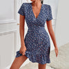 New In Floral Print Wrap Summer Dress Women 2025 Sundress Short Sleeve Sexy V Neck High Waist Slim Fit Short Mini Dresses Femme