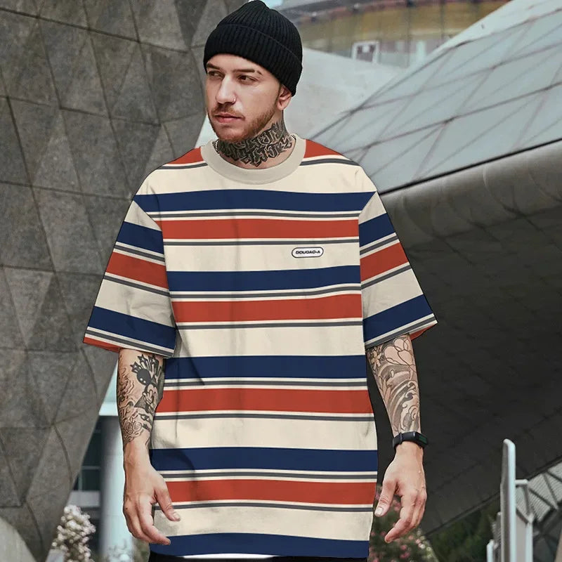 Men's Striped Short Sleeve T-shirt, 3D Printed, Oversized, Everyday Casual, Loose Shirt, Comfortable and Cool for Summer