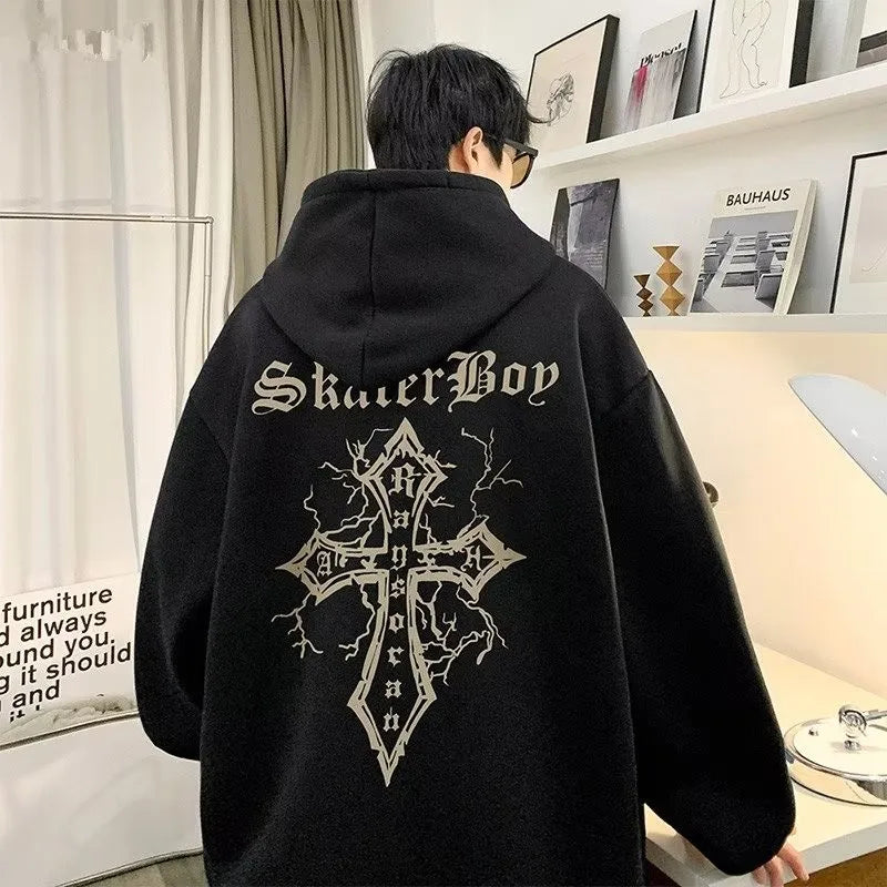 M-8XL Hoodie Men's Large Hoodie Loose Fashion American Retro Cross Printed Long Sleeve Double Shirt